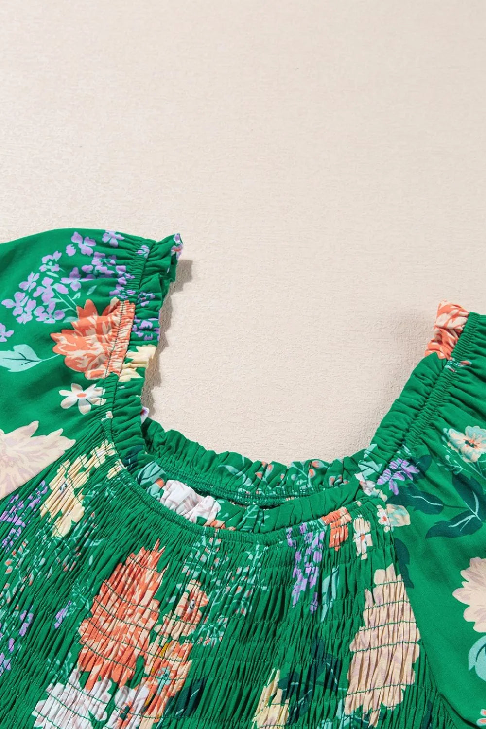 Floral Bubble Sleeve Midi Dress in Dark Green