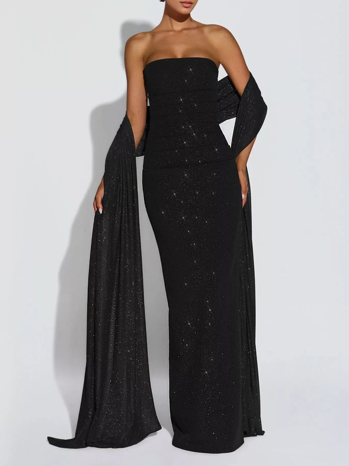 Glitter Tube Maxi Dress with Scarf in Black