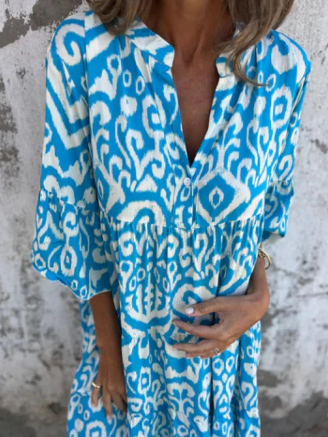 Notched Half Sleeve Printed Plus Size Dress