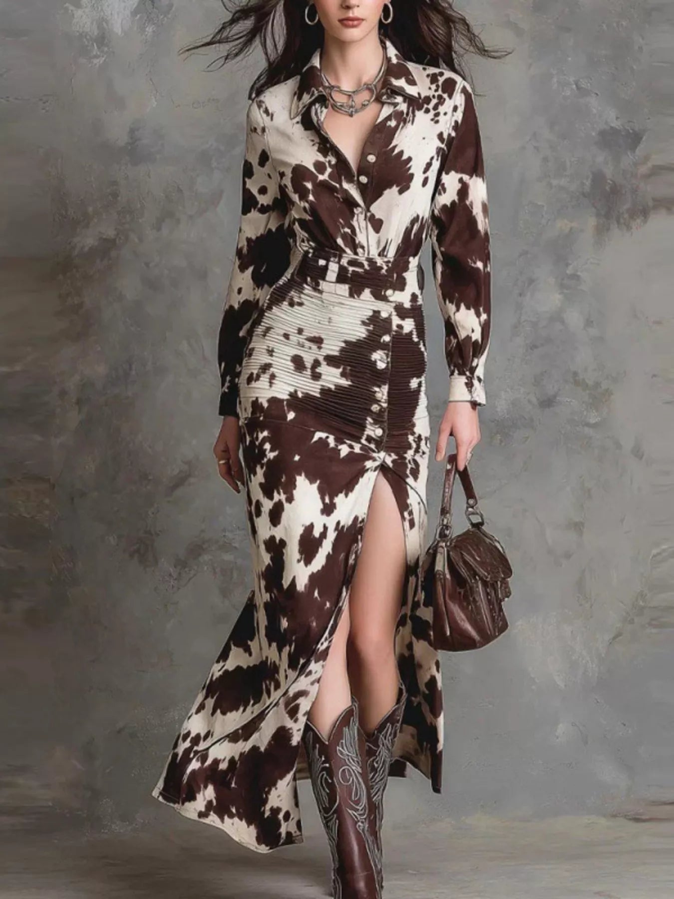 Ruched Slit Maxi Dress in Giraffe Print