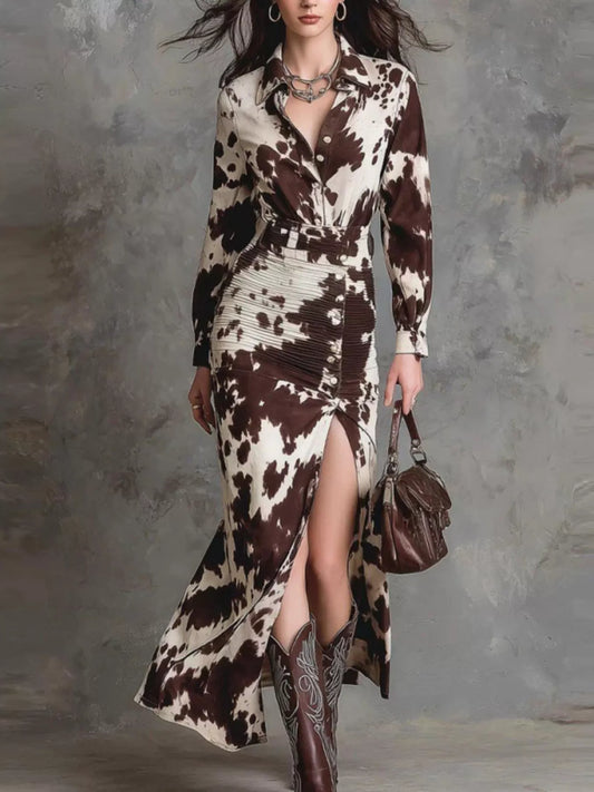 Ruched Slit Maxi Dress in Giraffe Print