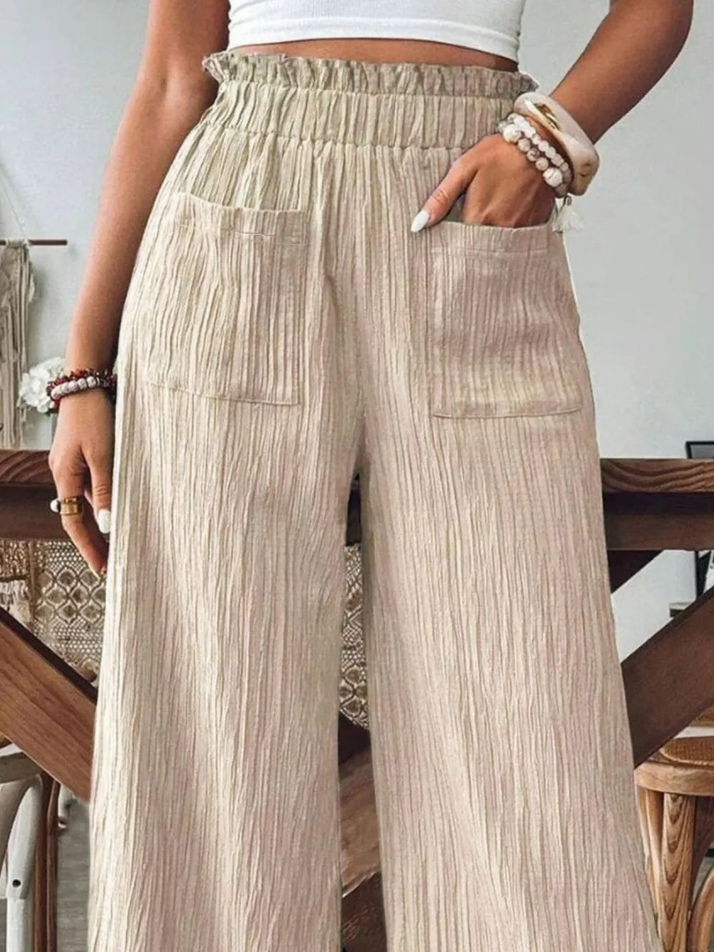 Elastic Waist Wide Leg Pants with Pockets