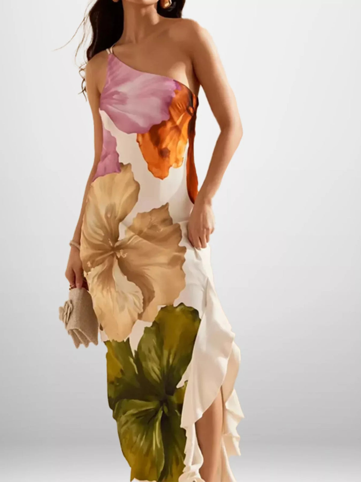 One-Shoulder Floral Satin Maxi Dress in Tan