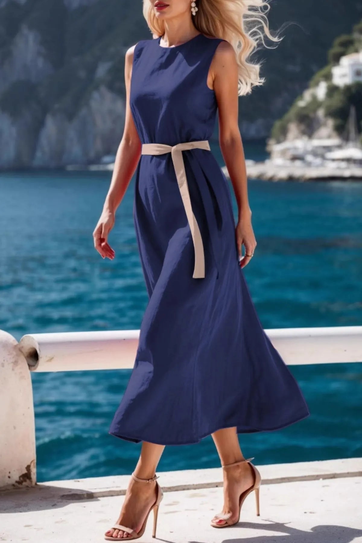Round Neck Sleeveless Midi Dress in White