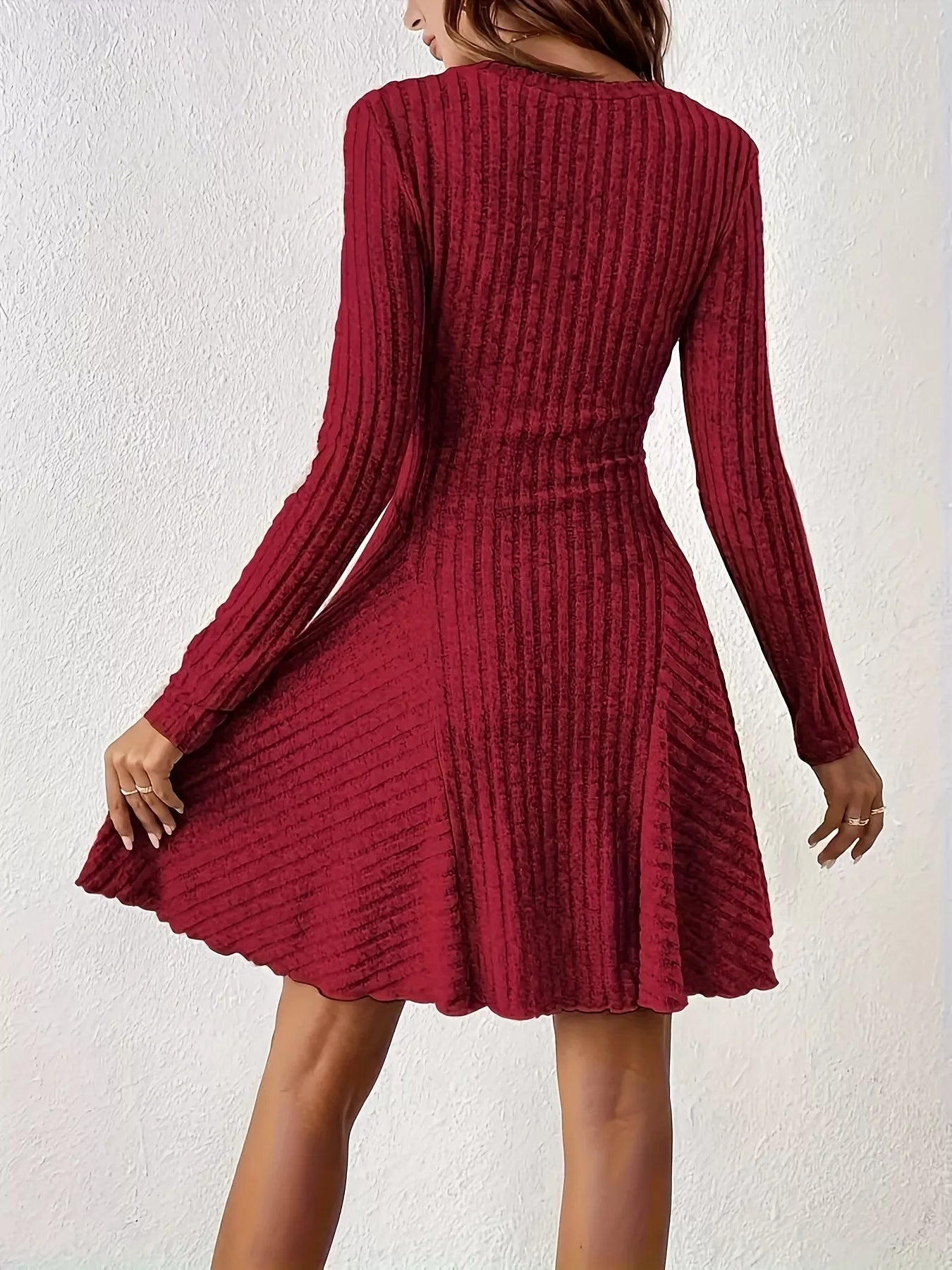 V-Neck Ribbed Knit Flared Dress