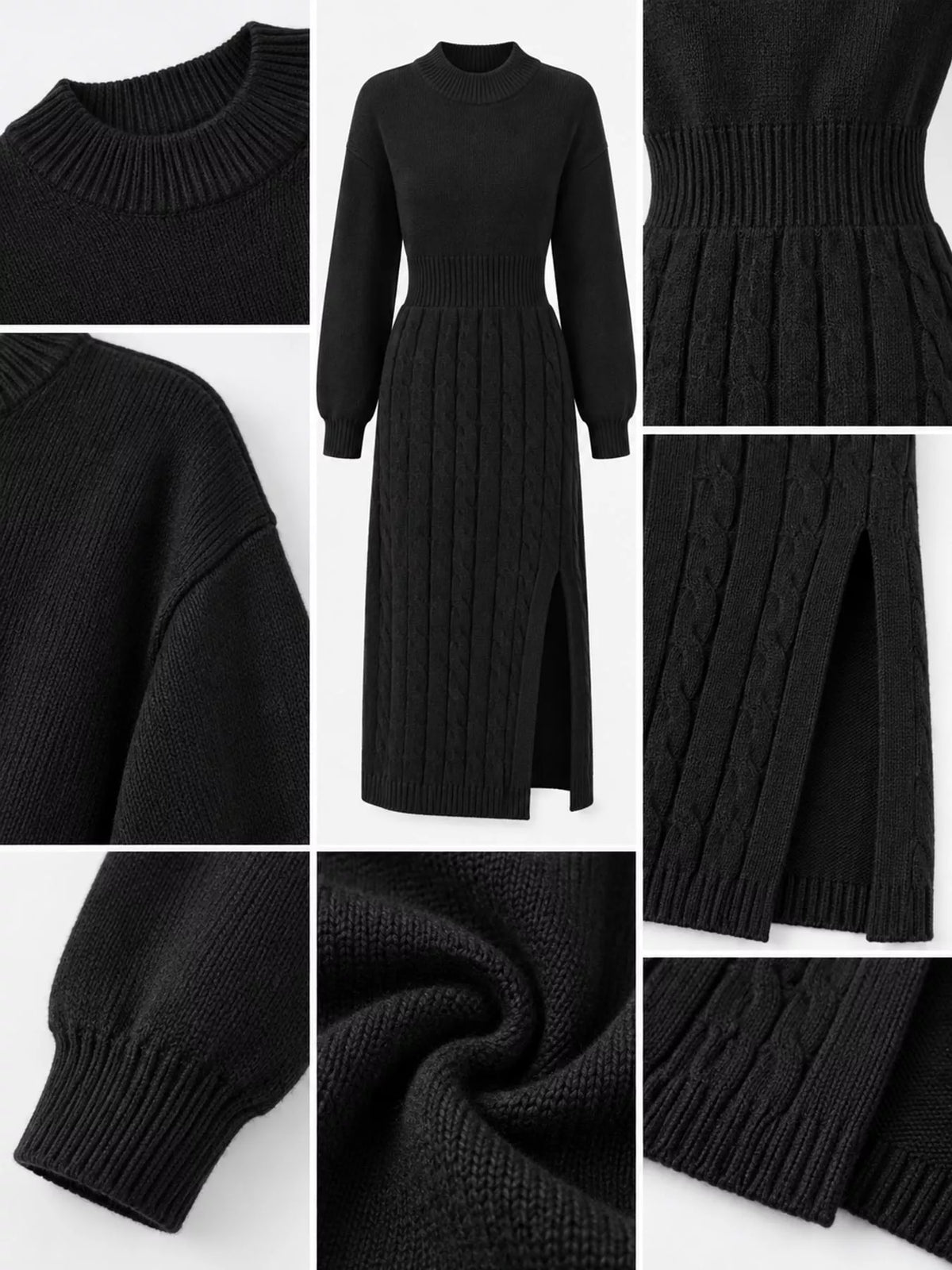 Mock Neck Cable Knit Sweater Dress with Front Slit