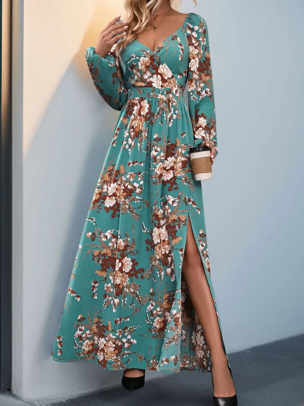 Slit Surplice Long Sleeve Maxi Dress