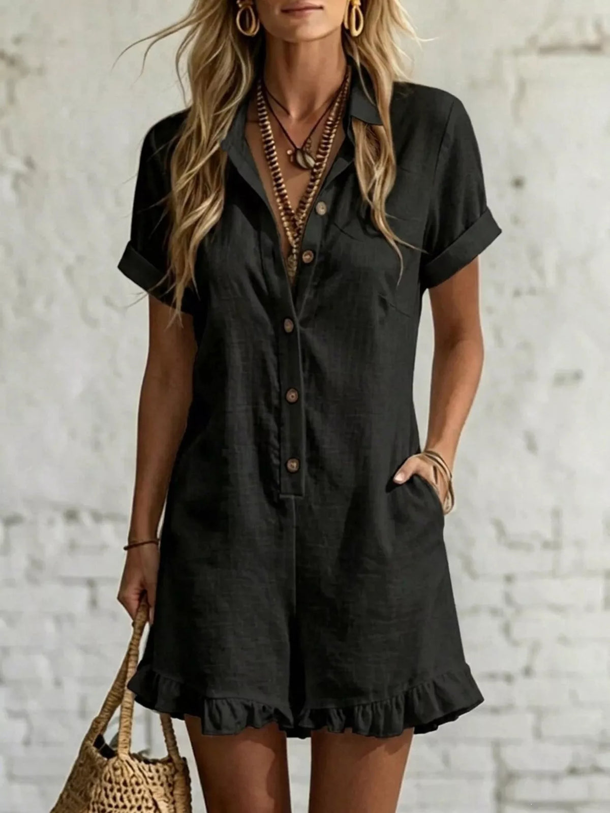 Button Front Ruffled Hem Romper
