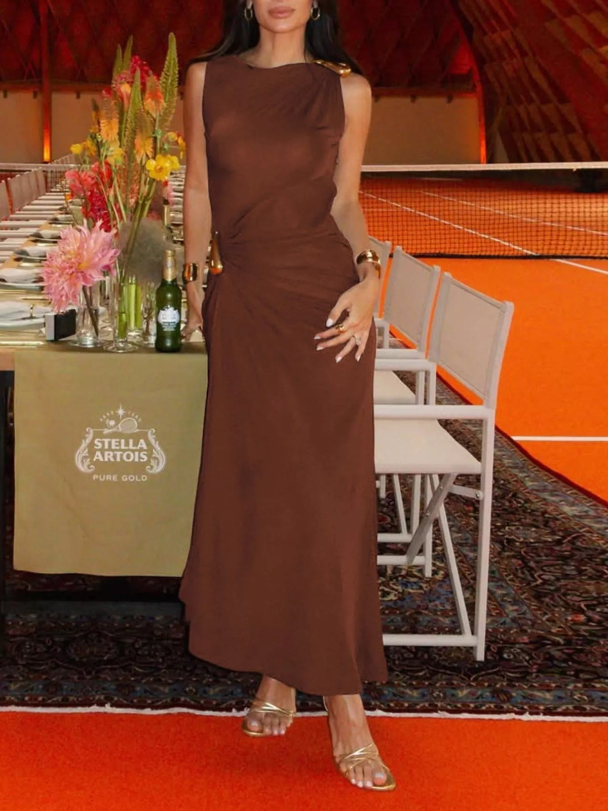 Draped Bodycon Maxi Dress with Metal Detail