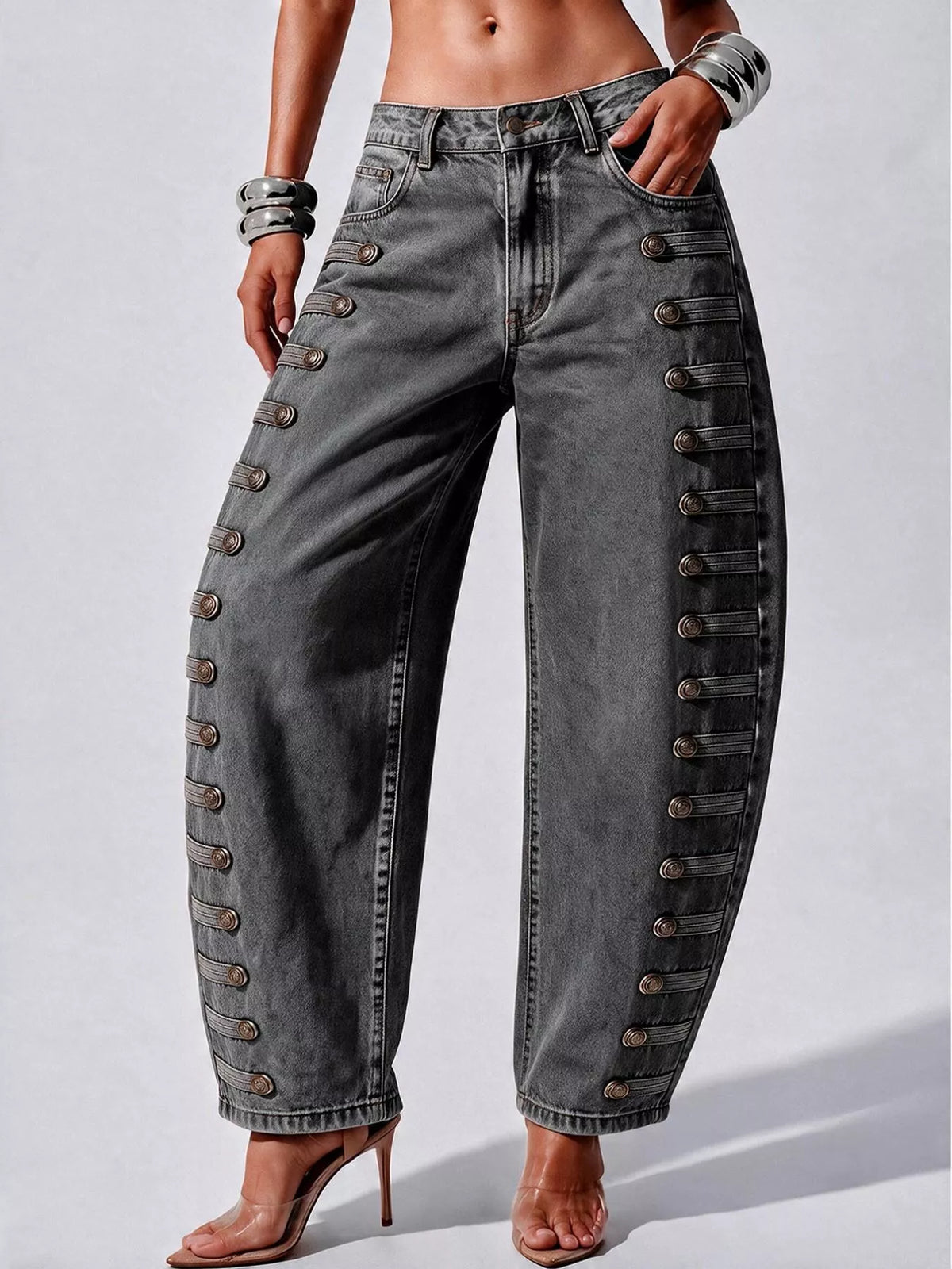 Decorative Button Wide Leg Jeans