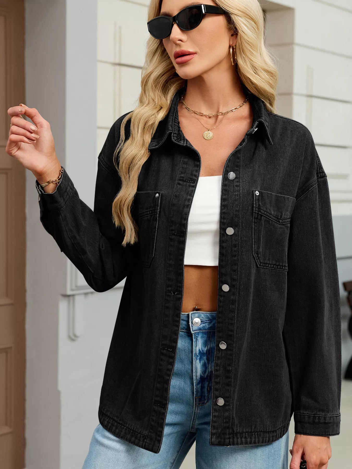 Button-Up Dropped Shoulder Denim Jacket with Pockets by Moni Wear