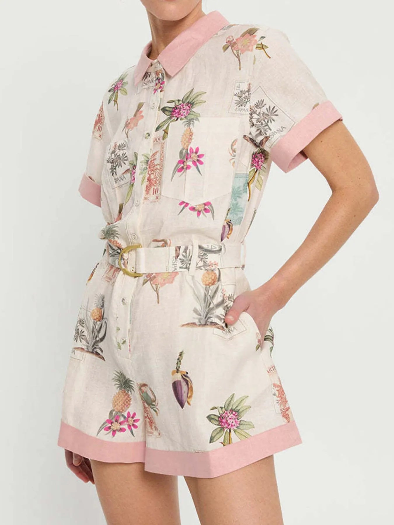 Belted Short Sleeve Romper in Multicolor