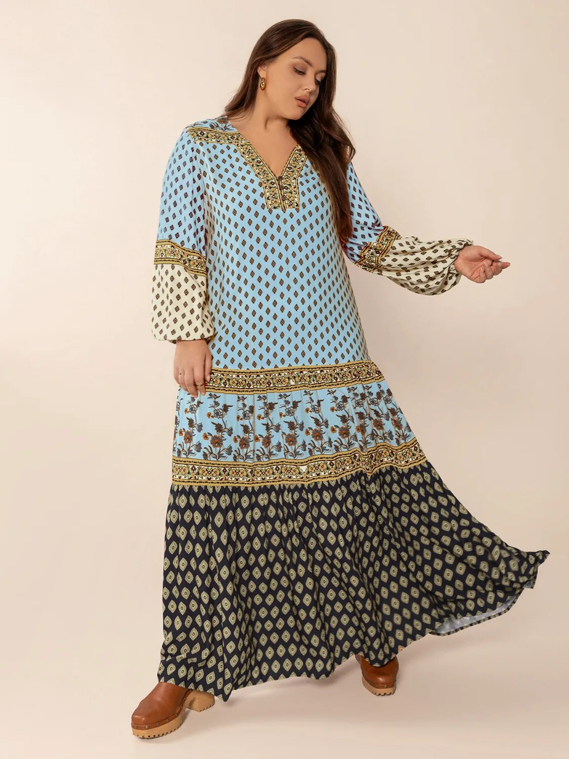 V-Neck Balloon Sleeve Maxi Dress in Sky Blue