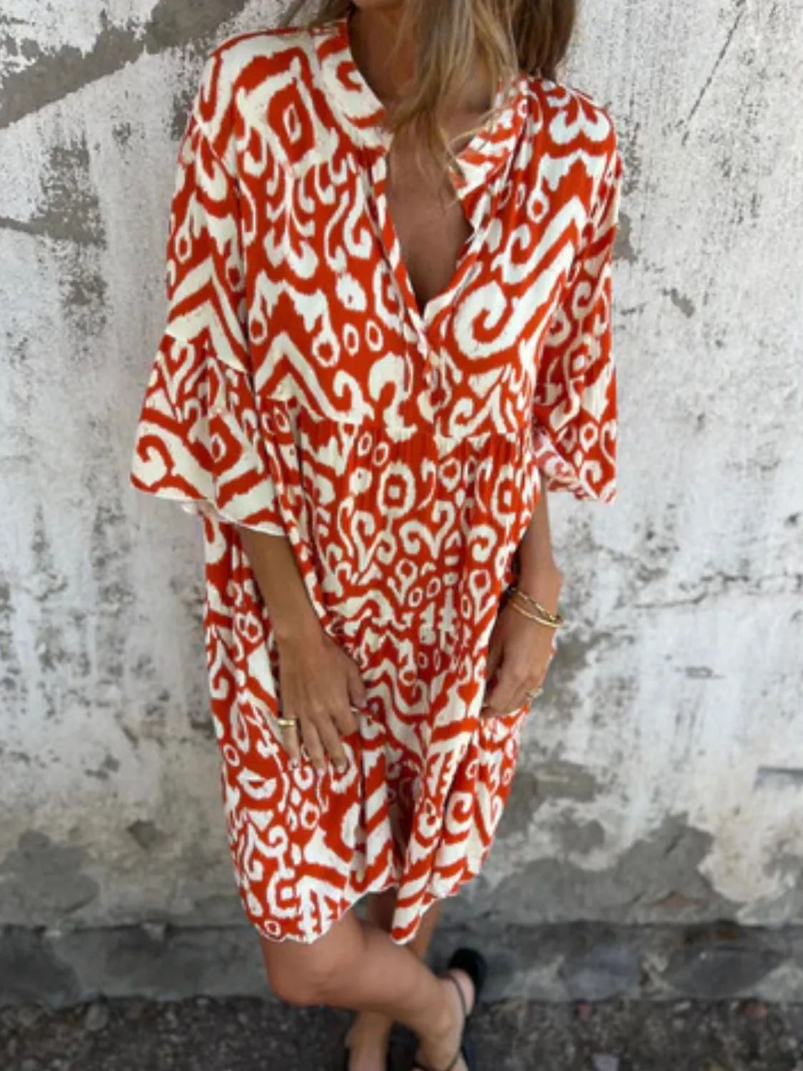 Notched Half Sleeve Printed Plus Size Dress