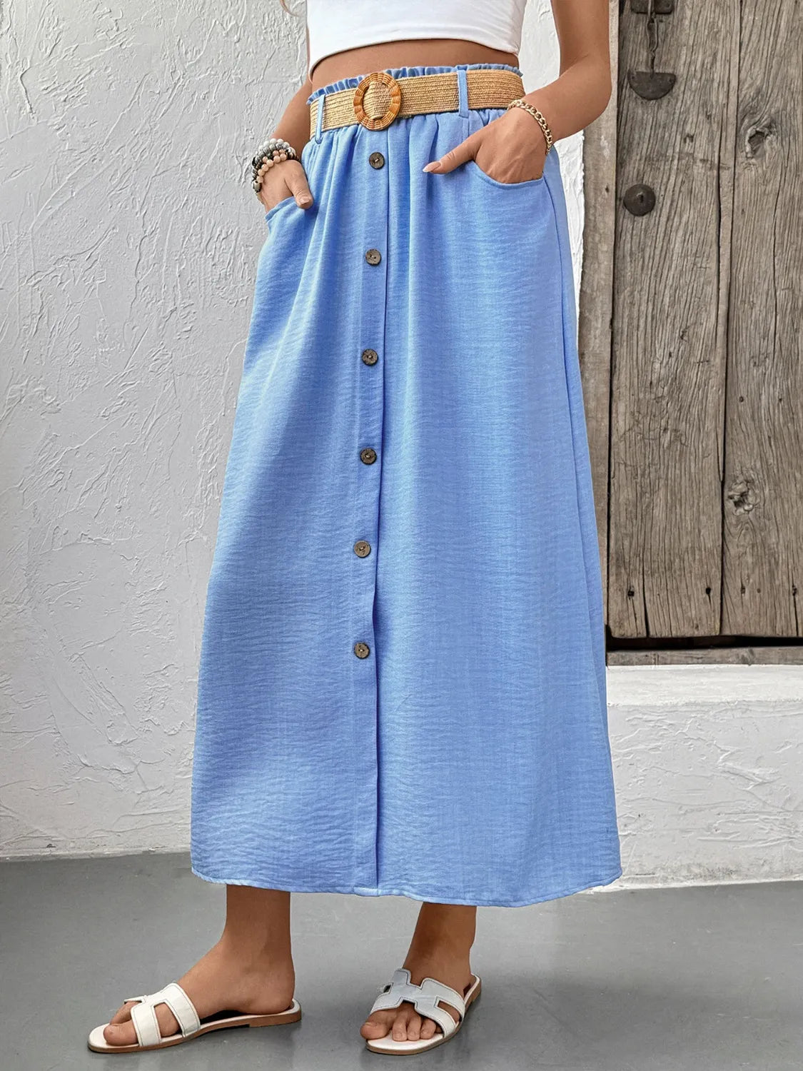 Decorative Button-Front Midi Skirt in Light Blue
