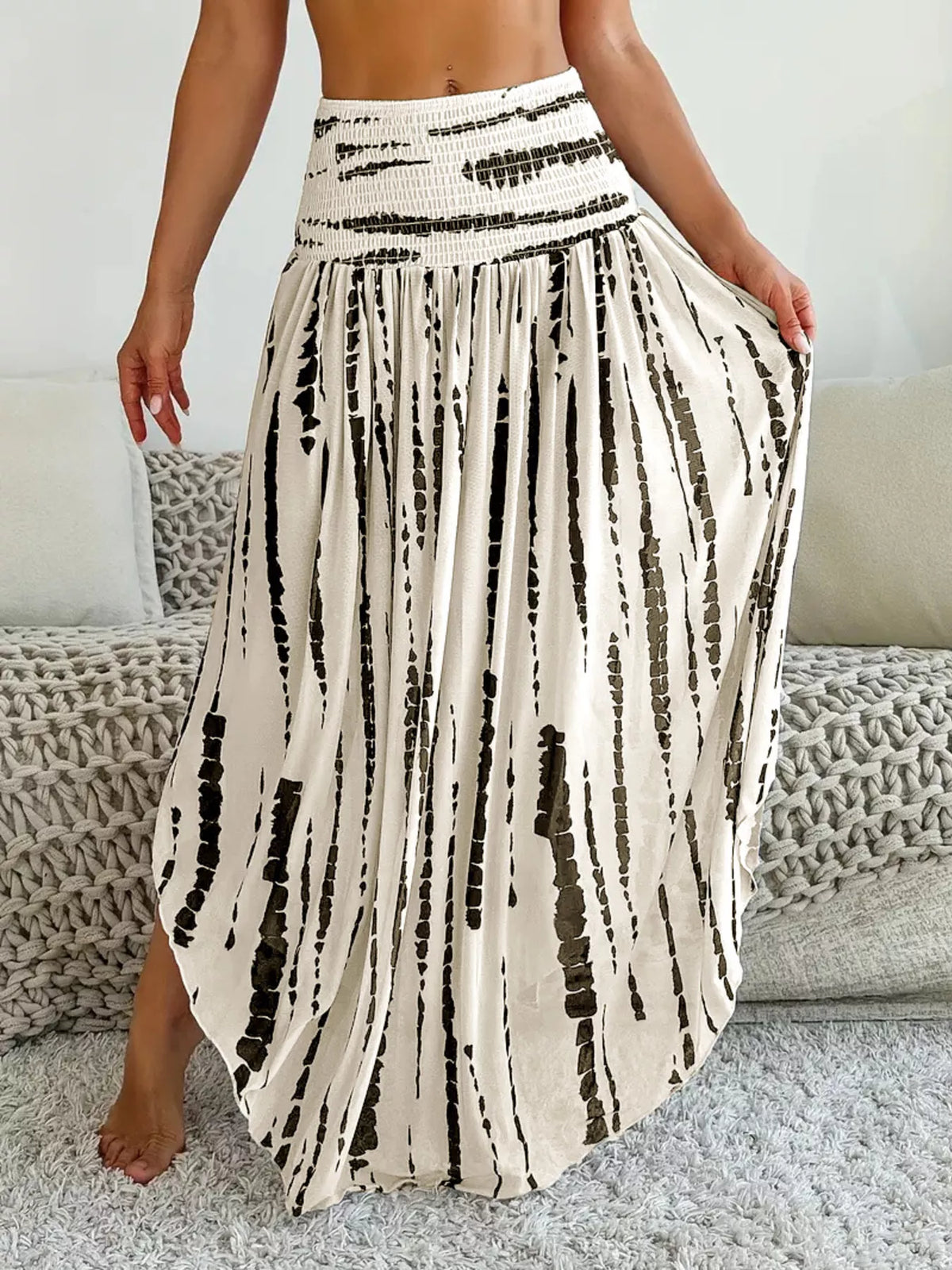 Smocked Asymmetrical Hem Skirt in Beige