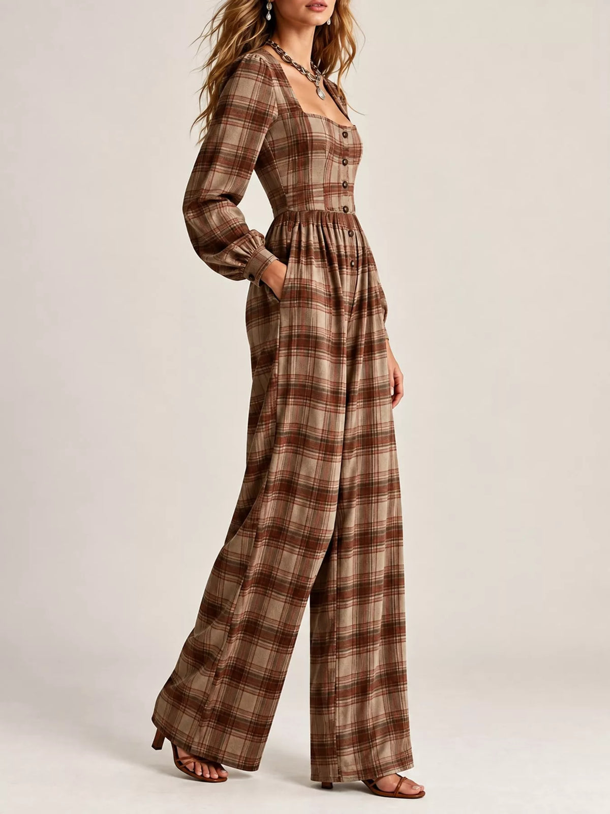 Plaid Square-Neck Wide-Leg Jumpsuit