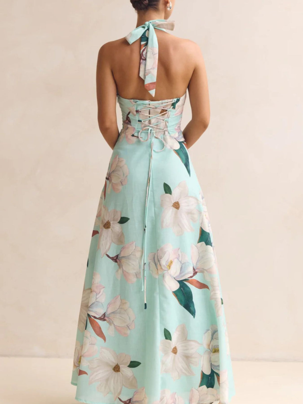 Floral Print Lace-Up Halter Maxi Dress