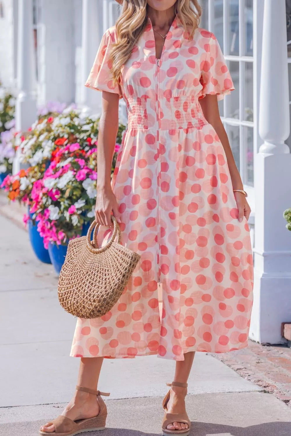 Polka Dot Puff Sleeve Midi Dress in Floral