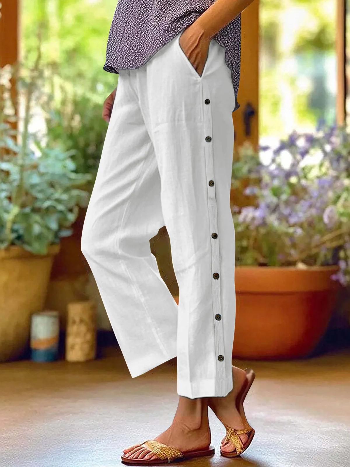 Side Button Wide Leg Pants, Plus Size