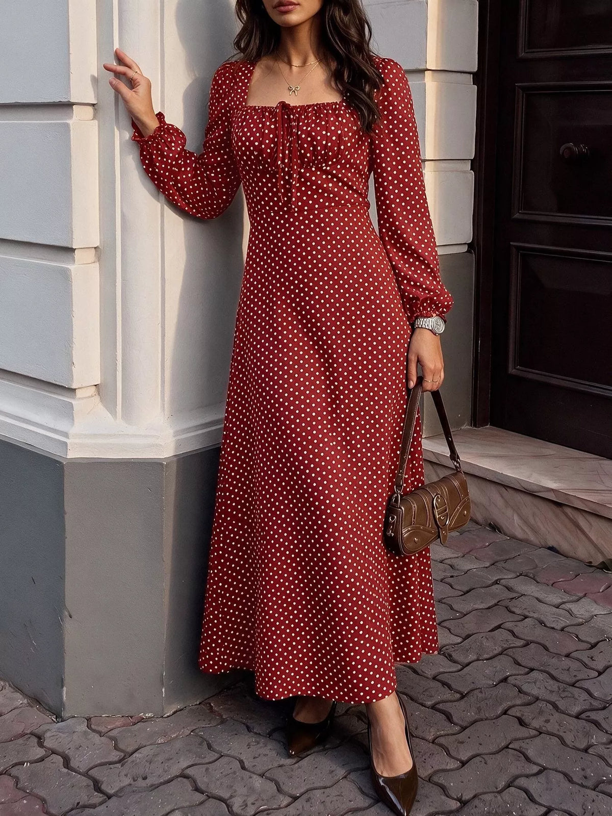 Square Neck Polka Dot Maxi Dress in Red