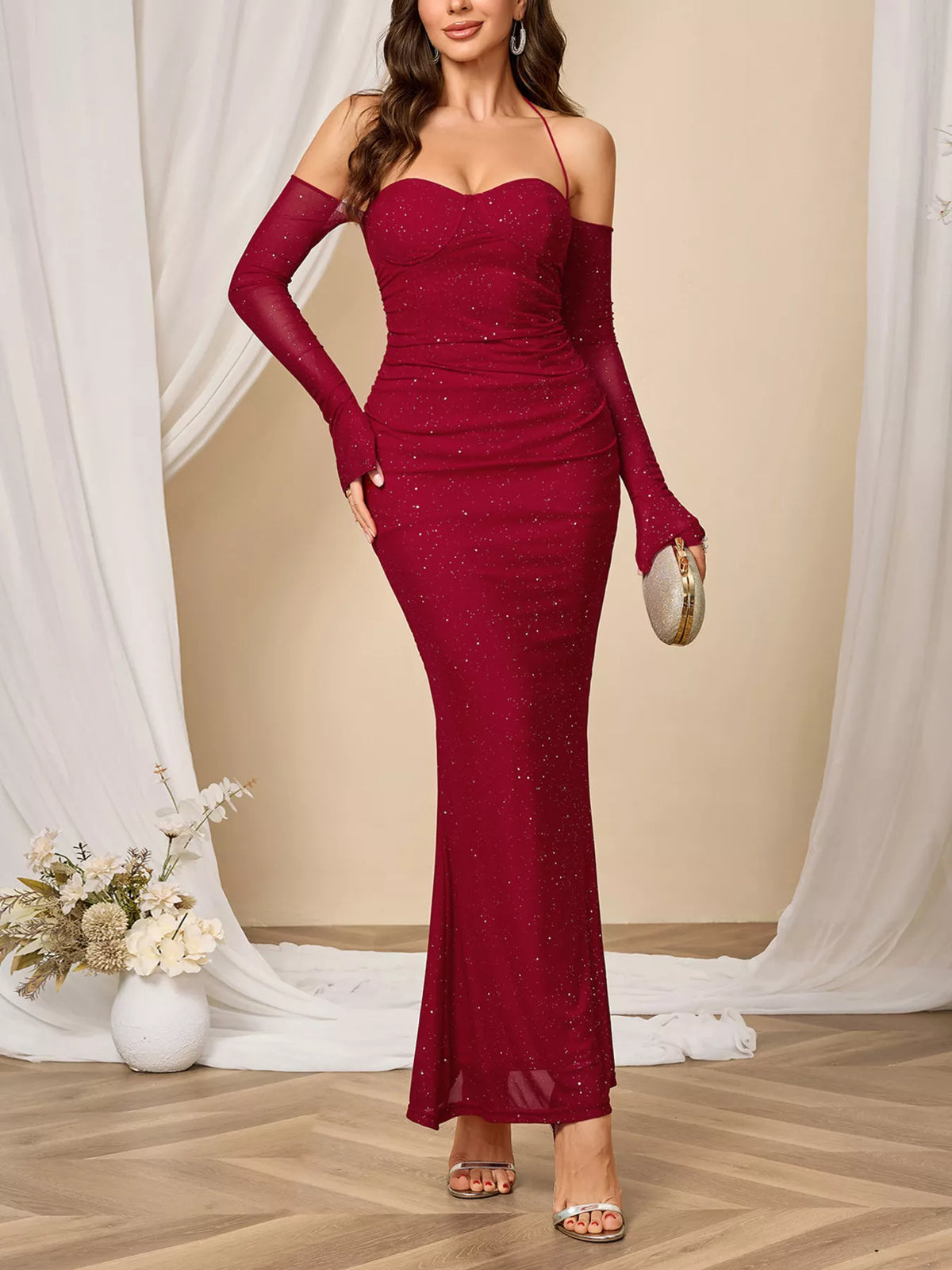 Glitter Sweetheart Neck Maxi Dress in Wine Red