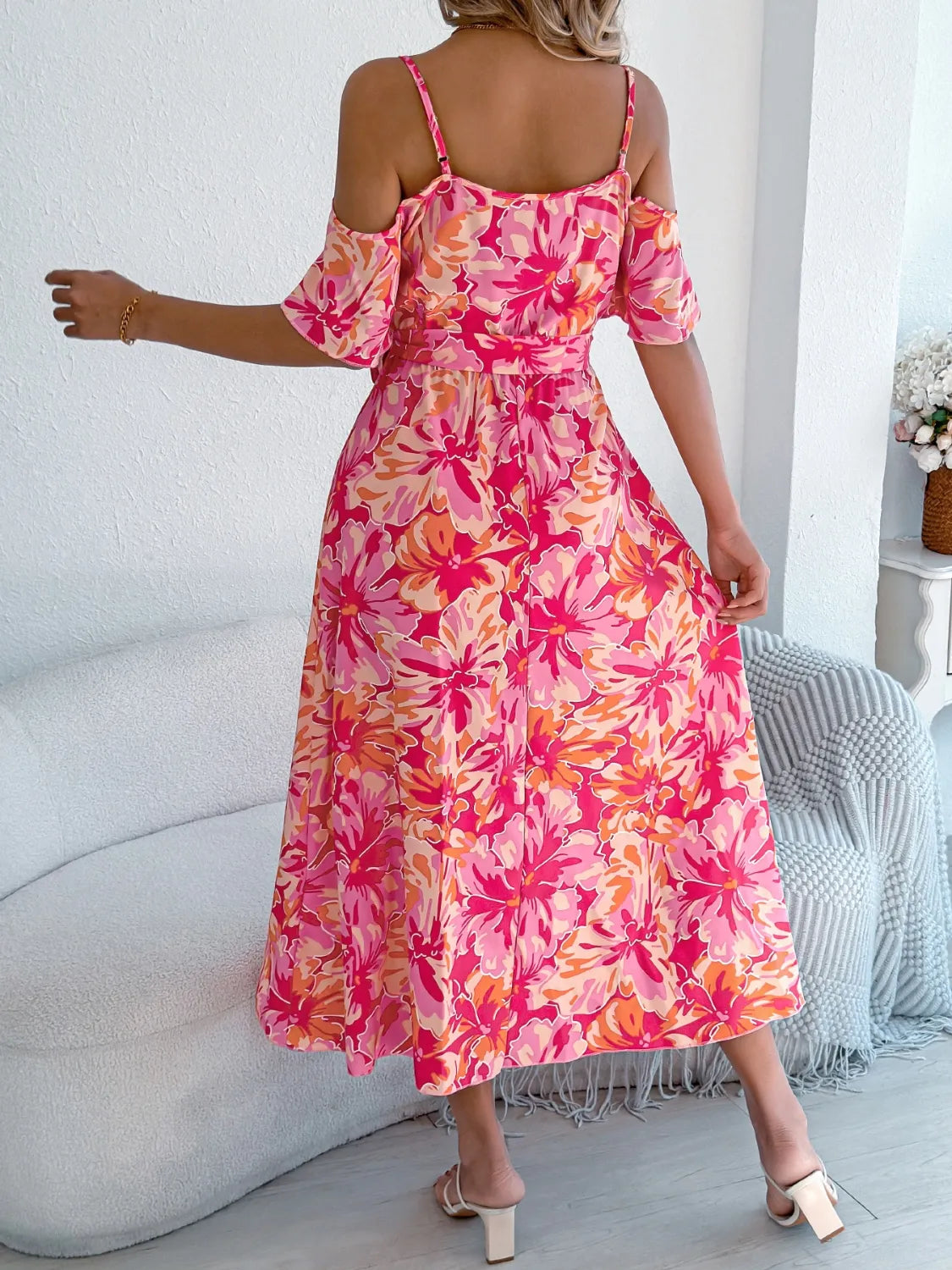 Printed Cold-Shoulder Midi Cami Dress