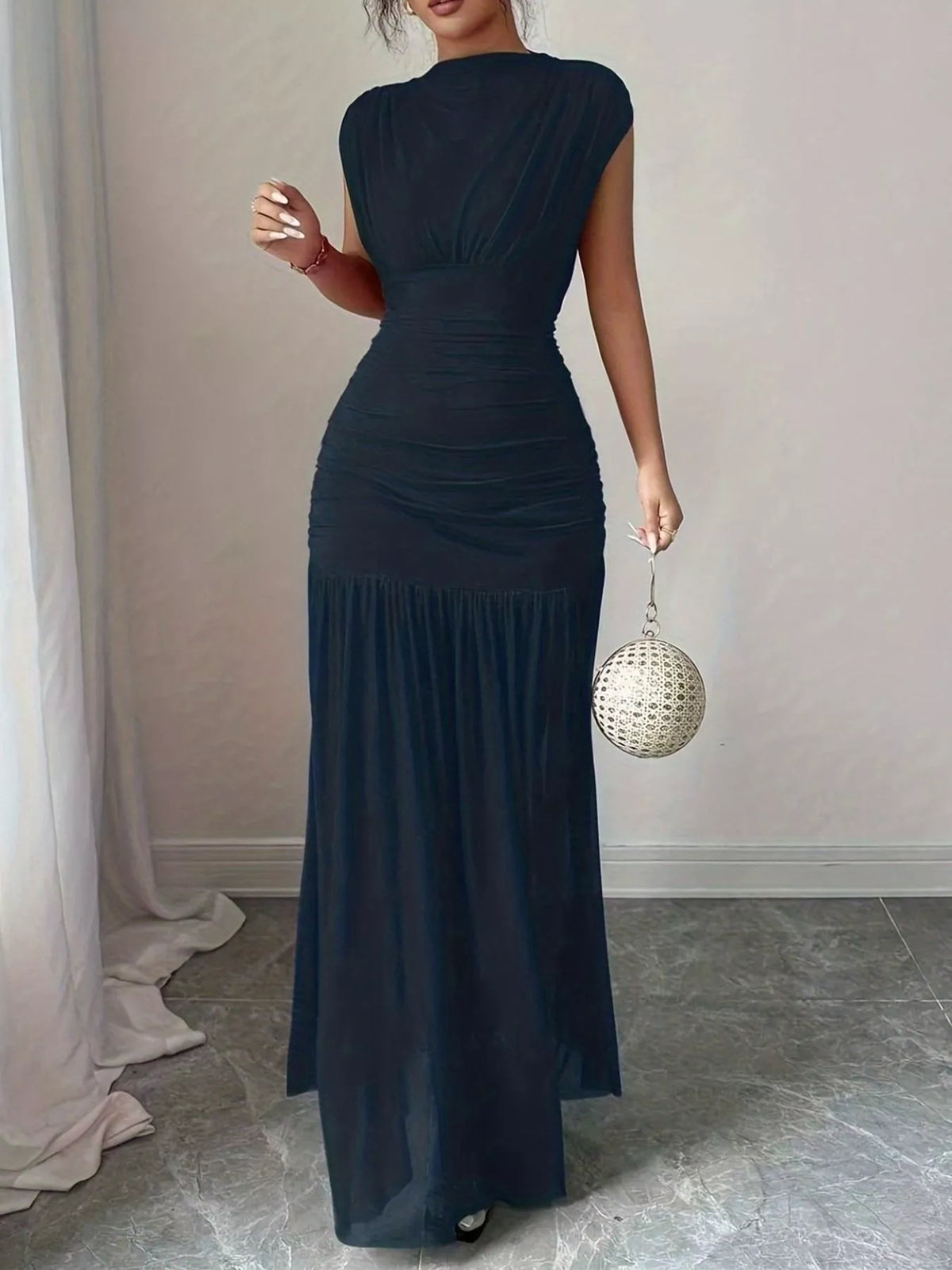 Ruched Bodycon Maxi Dress in Navy
