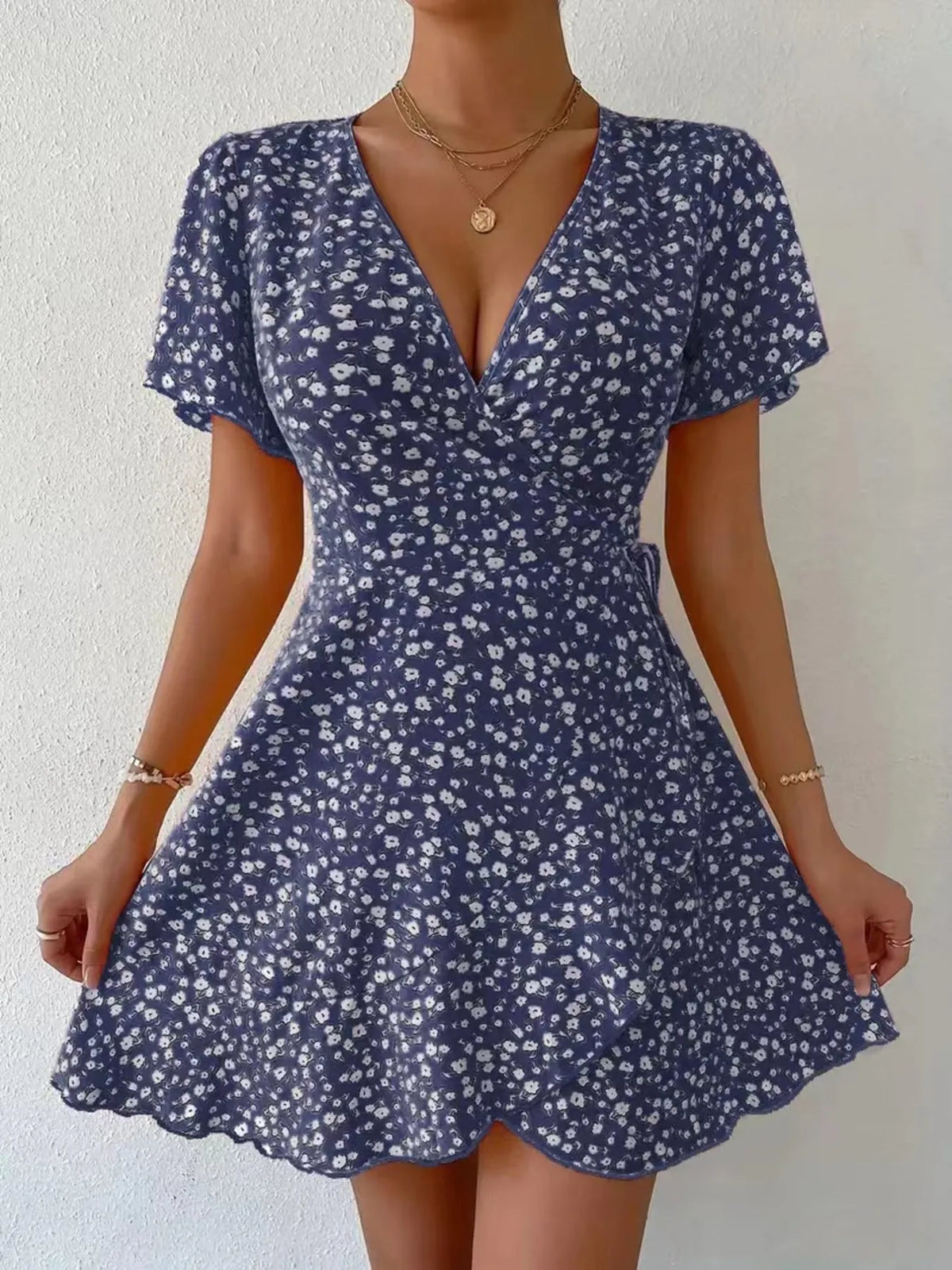 Floral Flutter Sleeve Wrap Mini Dress by Elaine