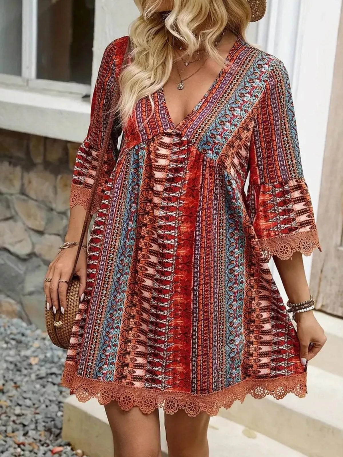 Printed V-Neck A-Line Dress with Lace Detail