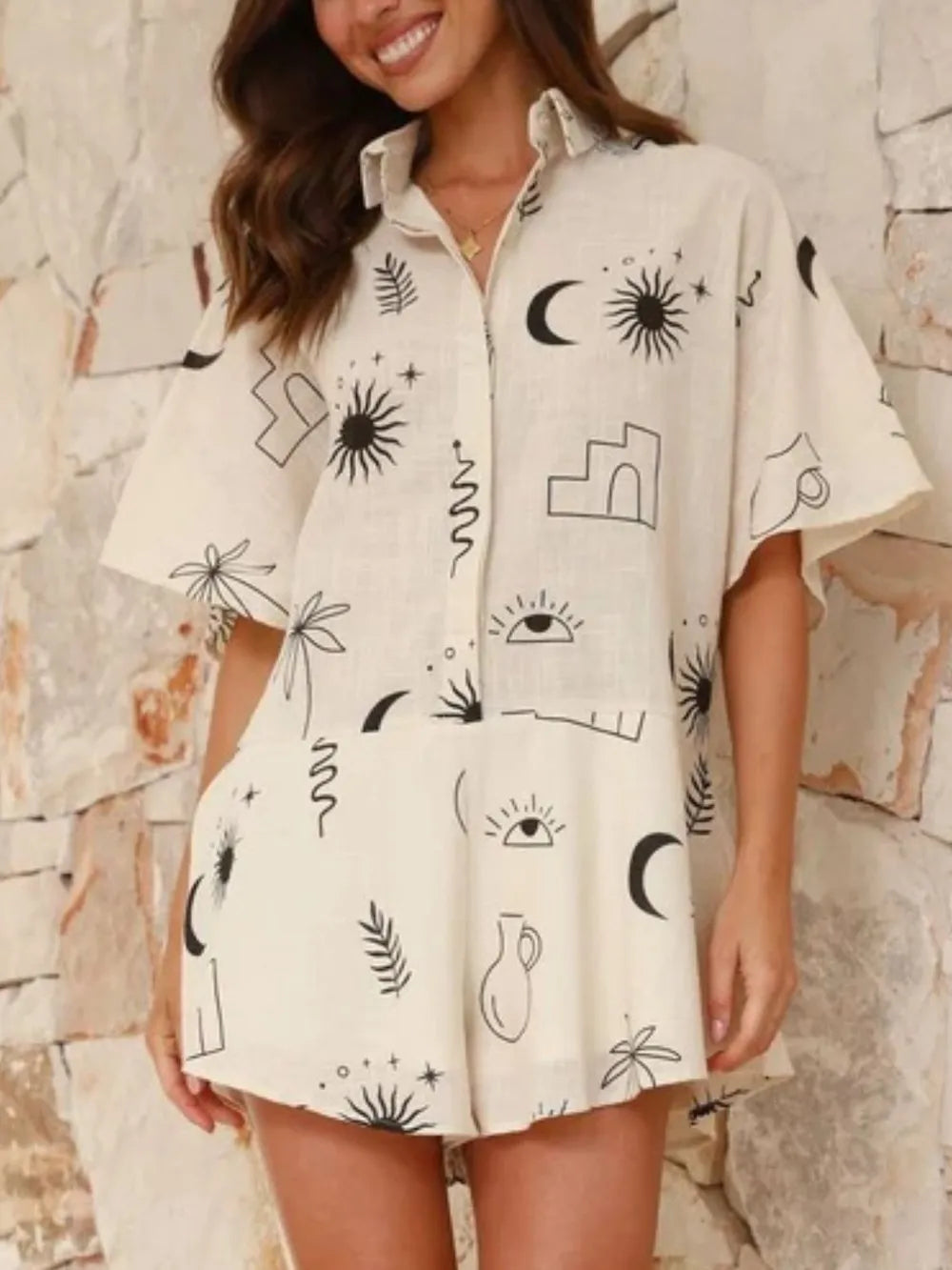 Collared Half-Sleeve Romper in Beige