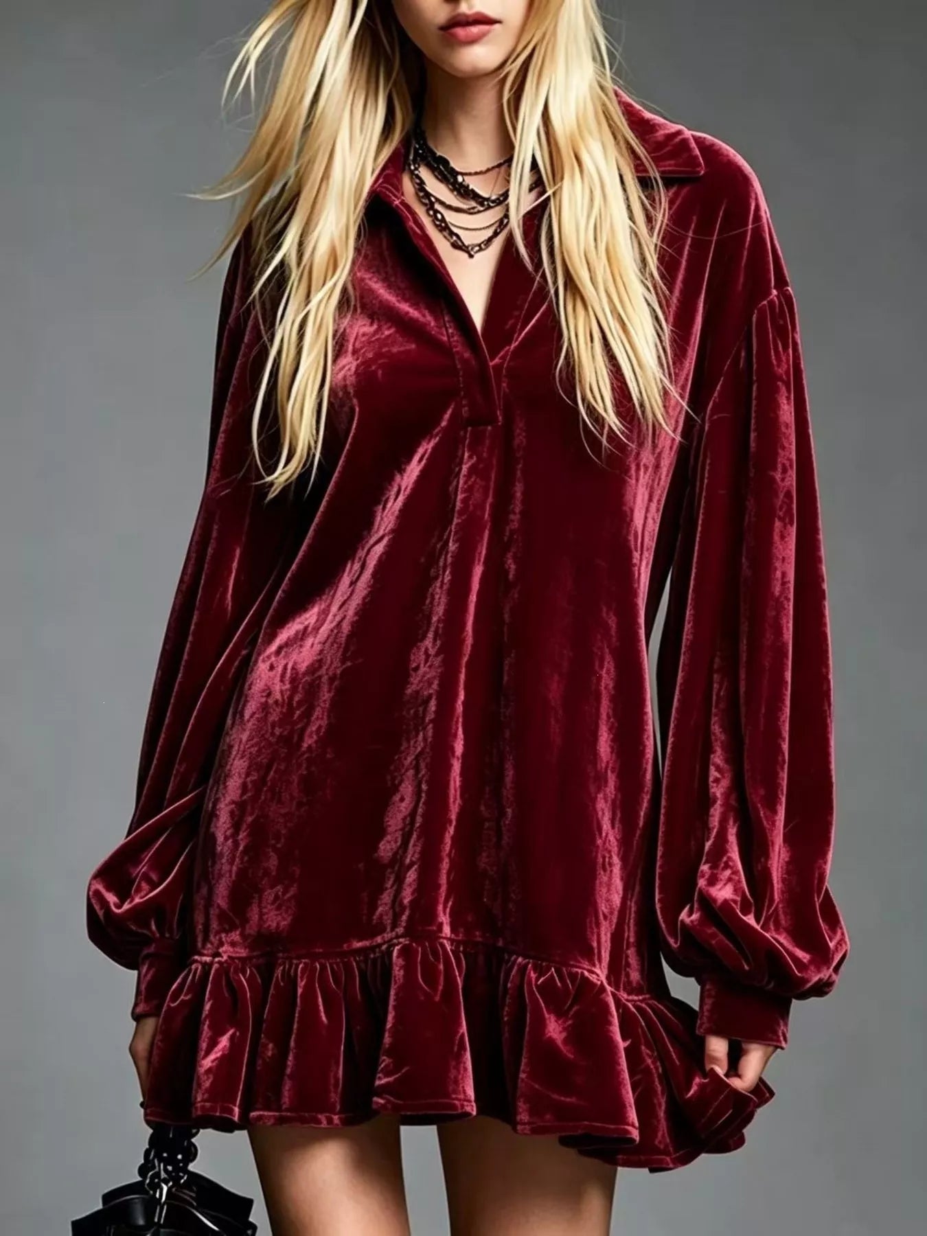 Velvet Ruffled-Hem Long Sleeve Dress