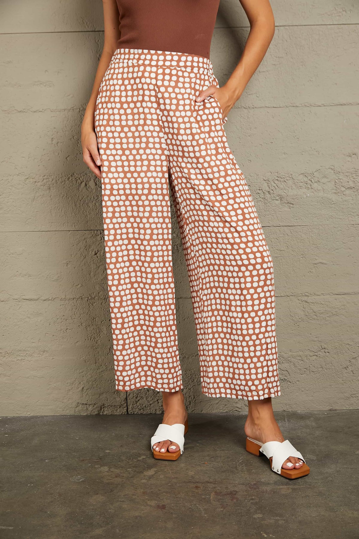 Polka Dot High Waist Wide Leg Pants in Dusty Pink