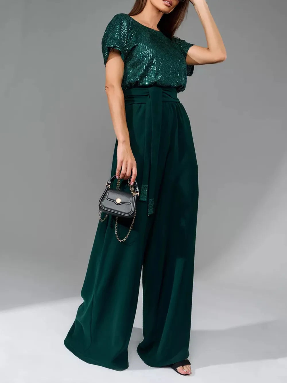 Sequin Round Neck Short Sleeve Jumpsuit, Plus Size