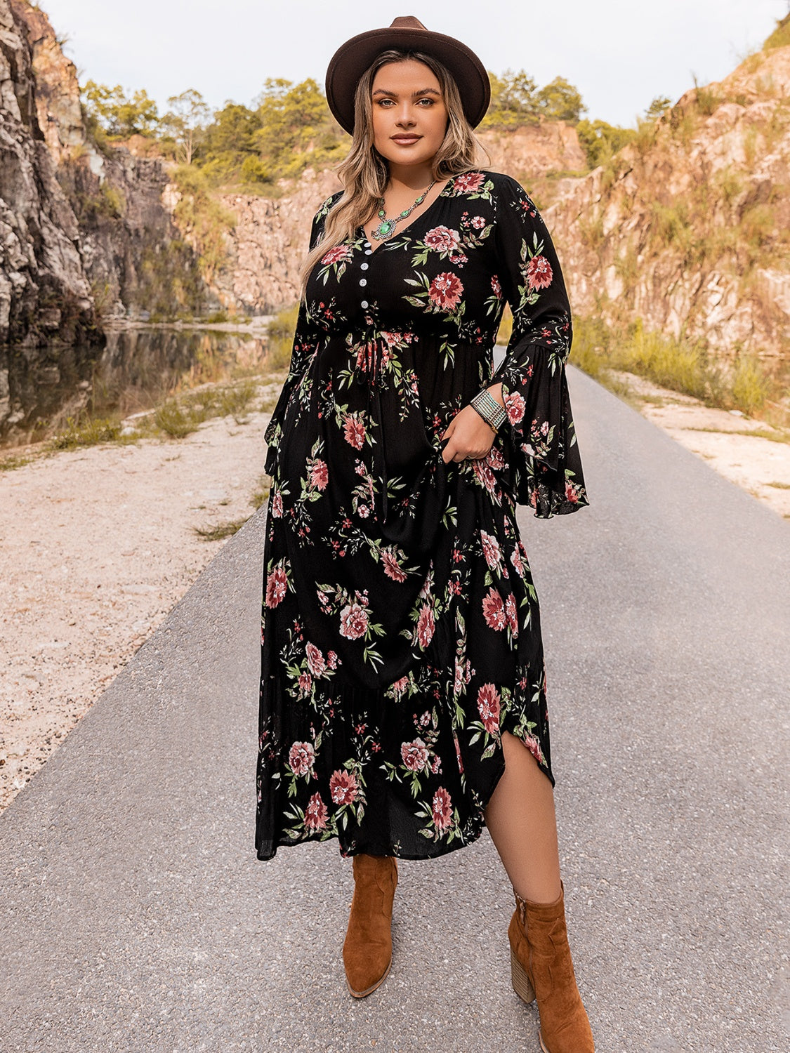 Floral Flare Sleeve Dress in Black