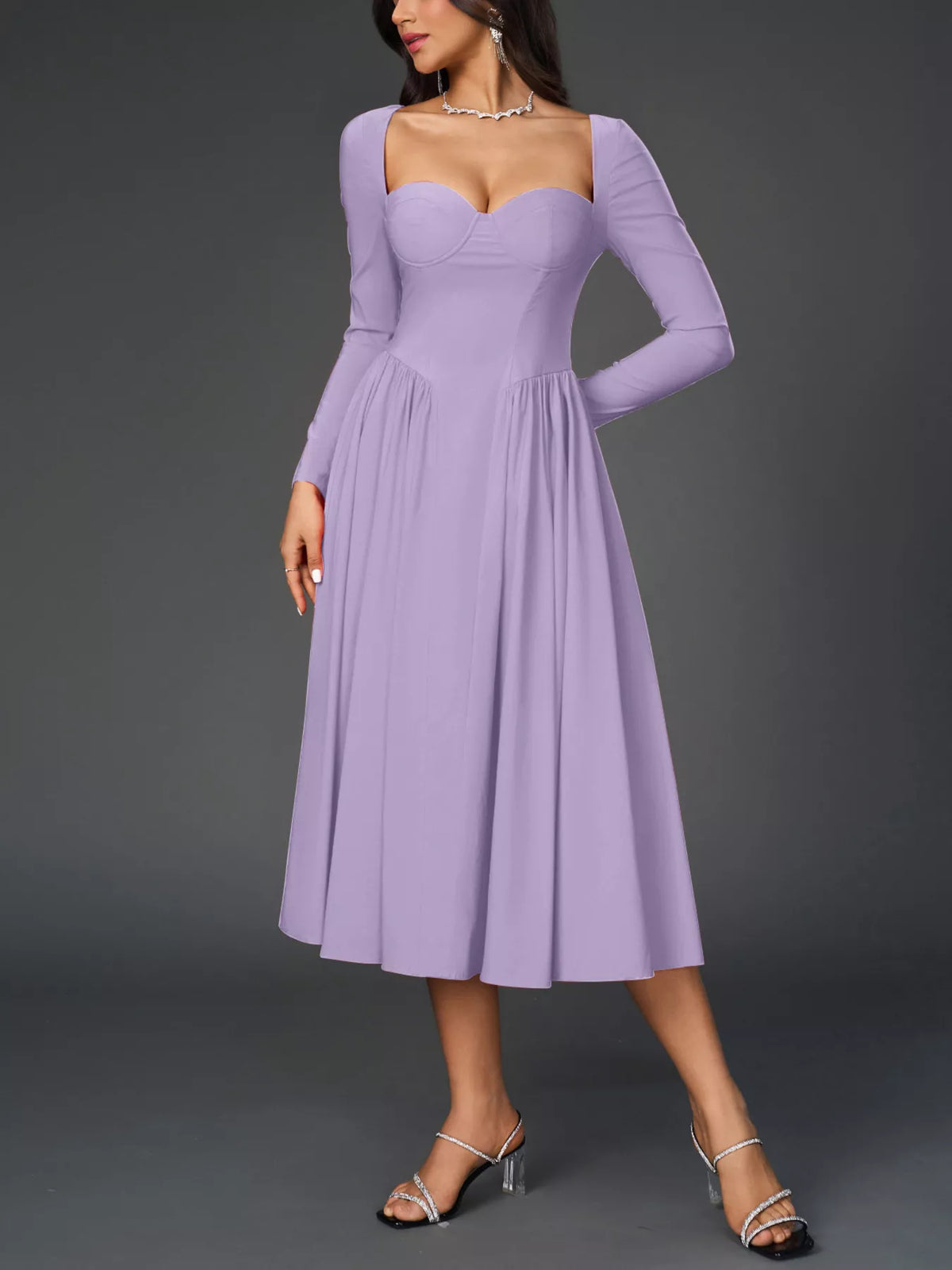 Sweetheart Neckline Long Sleeve A-Line Midi Dress