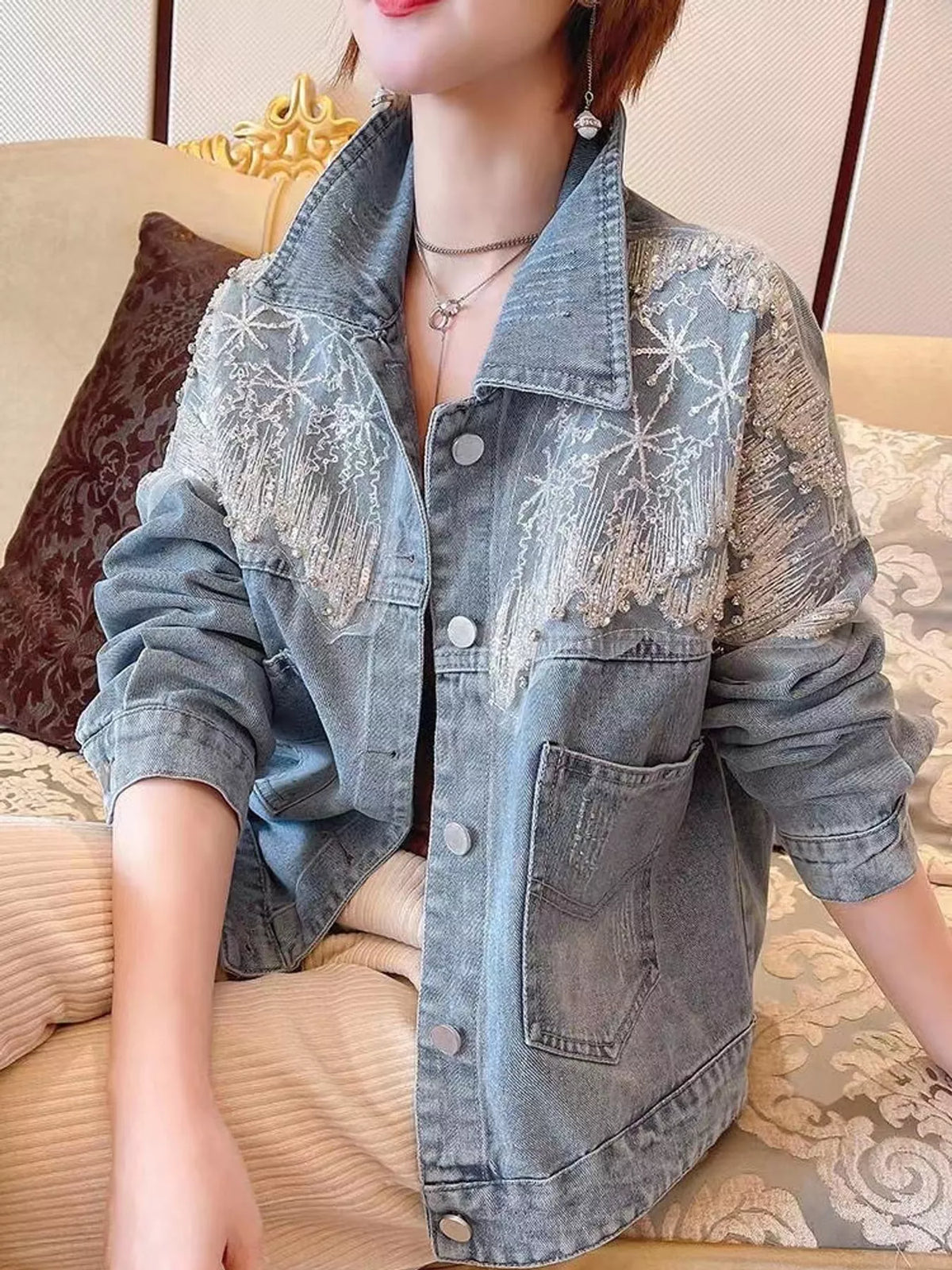 Rhinestone Snowflake Embellished Denim Jacket