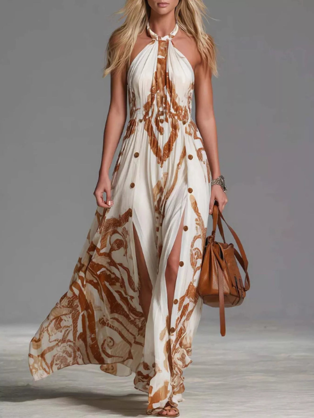 Printed Halter Maxi Dress in White
