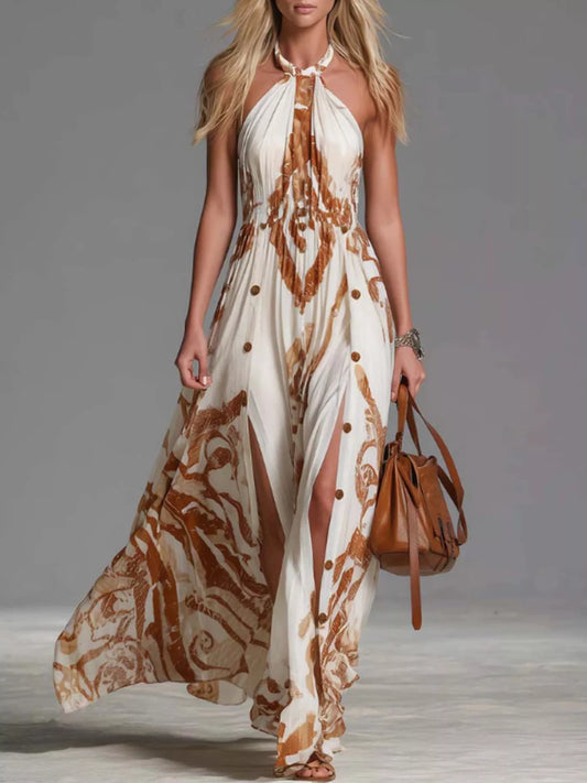 Printed Halter Maxi Dress in White