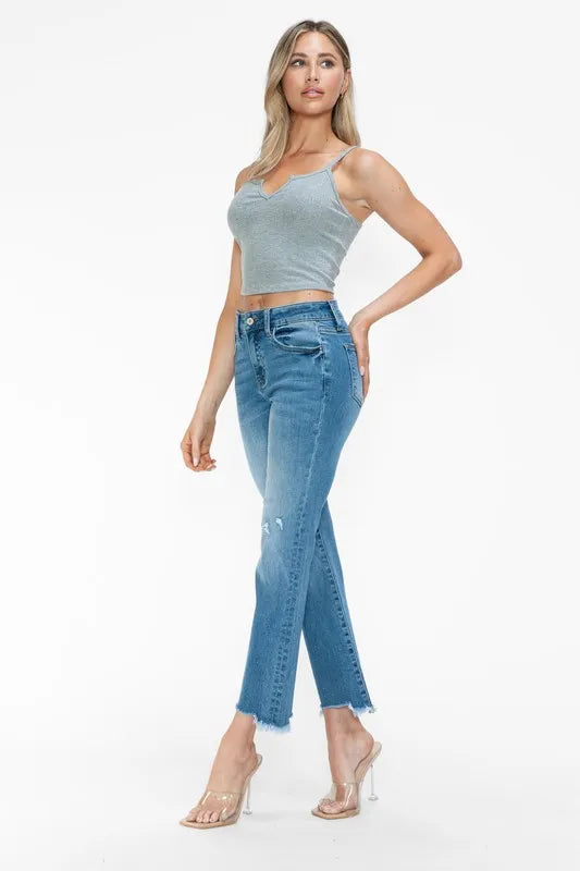 Raw Hem Distressed Mid Rise Crop Jeans in Medium Wash