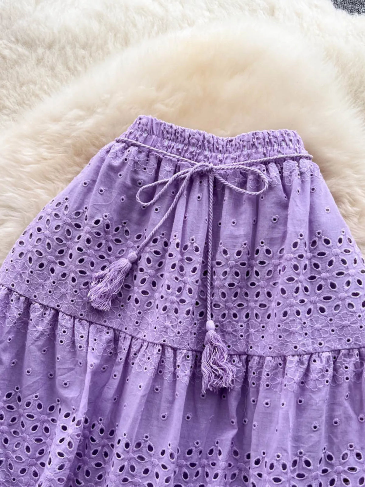 Eyelet Cutout Tiered Maxi Skirt