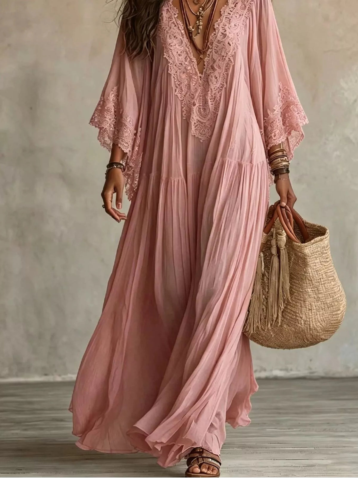 Lace Trim Tiered V-Neck Maxi Dress