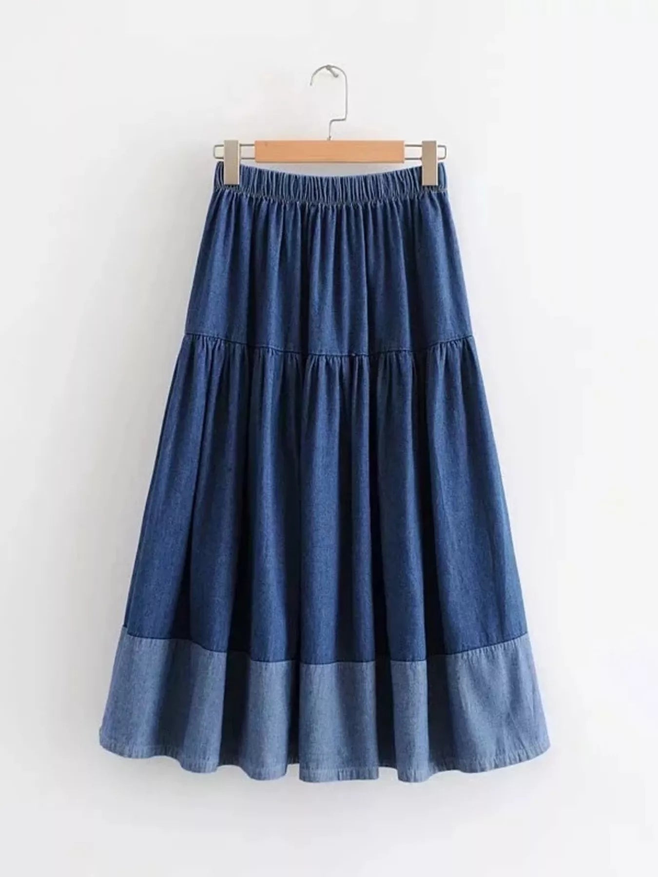 Tiered Denim-Style Midi Skirt