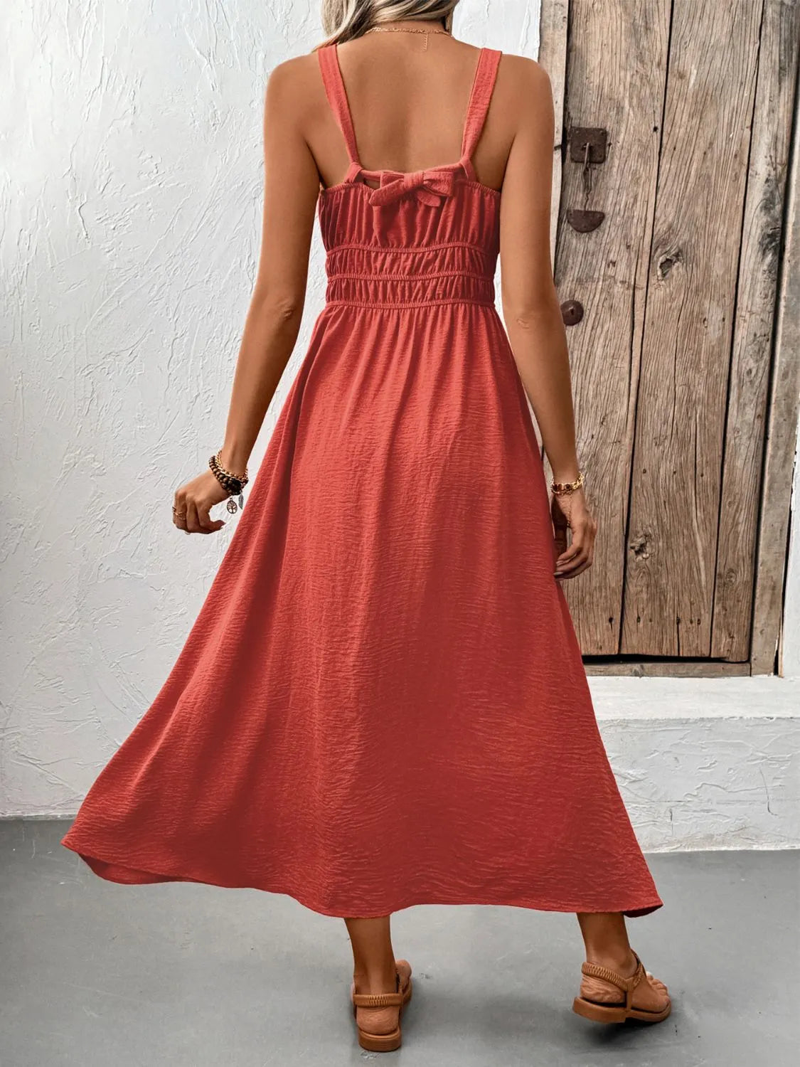 V-Neck Cami Midi Dress in Orange-Red
