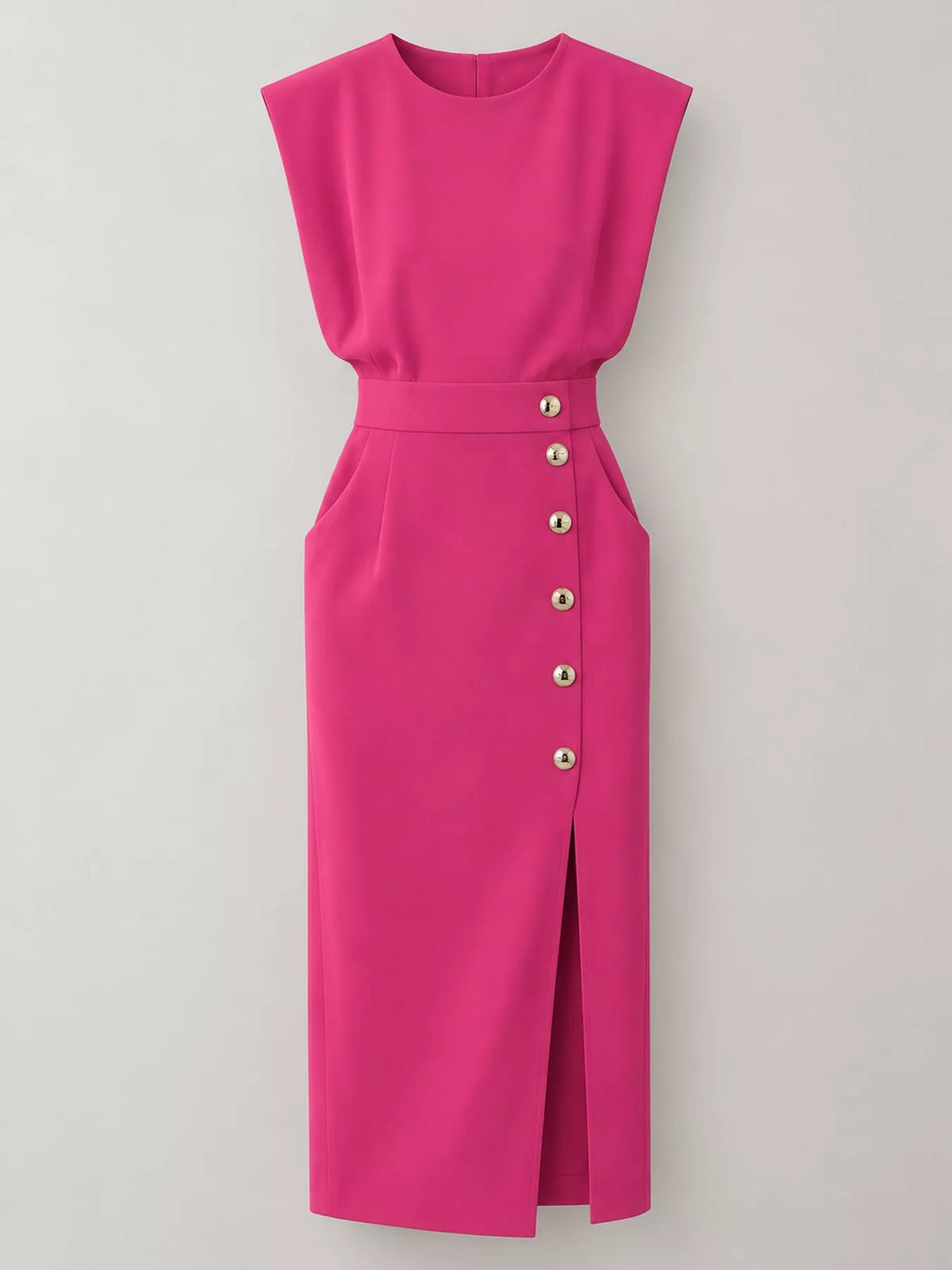 Sleeveless Midi Dress with Gold Button Detail