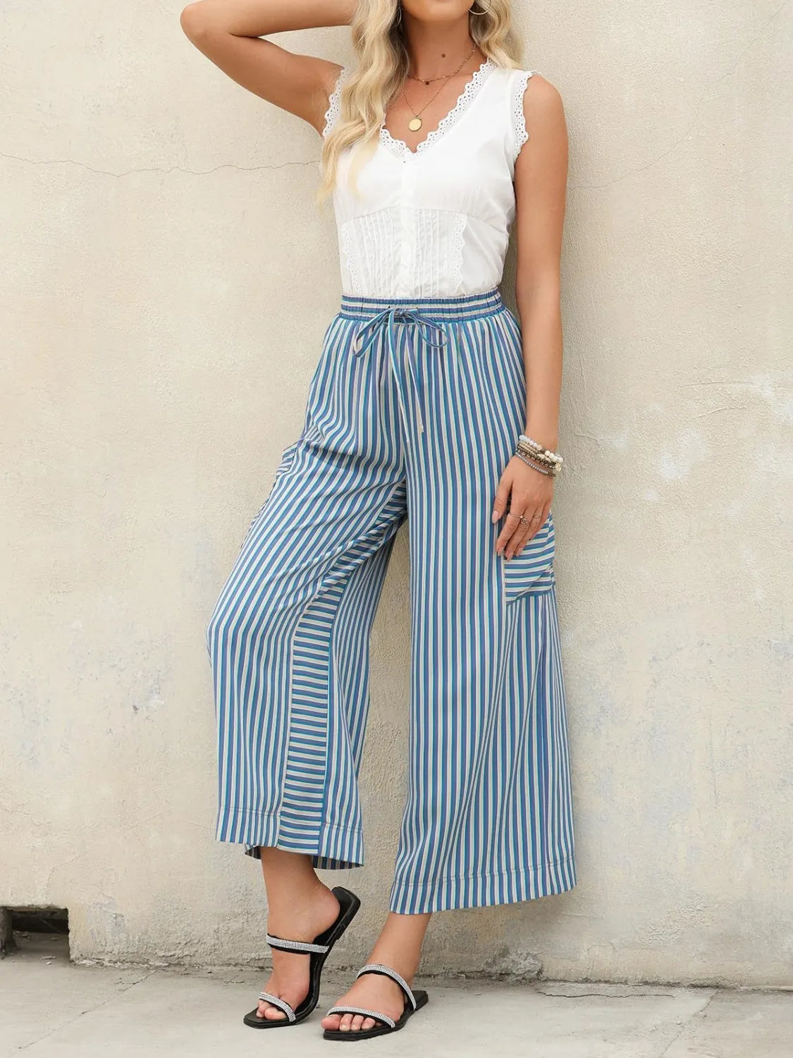 Contrast Striped Wide Leg Pants
