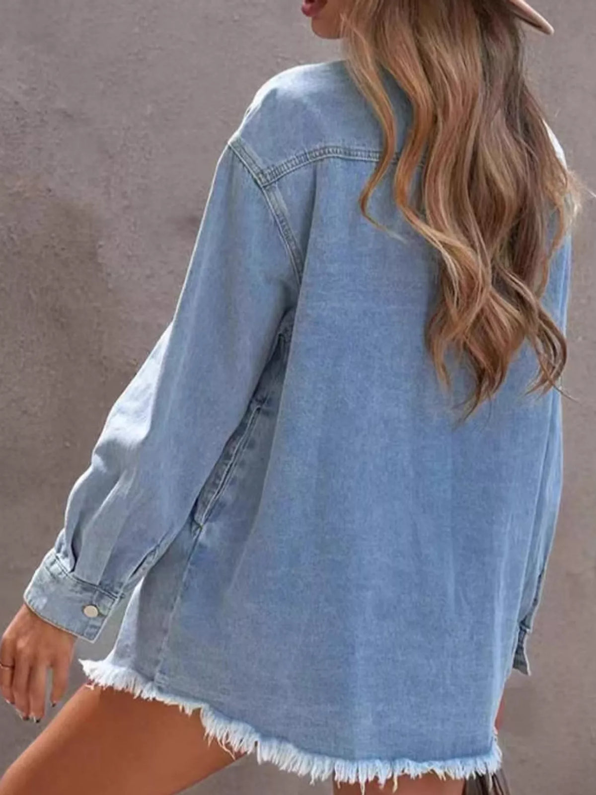 Raw Hem Button-Up Denim Jacket in Light Blue