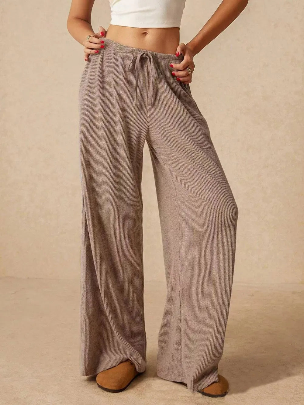 Ribbed Drawstring Wide-Leg Pants