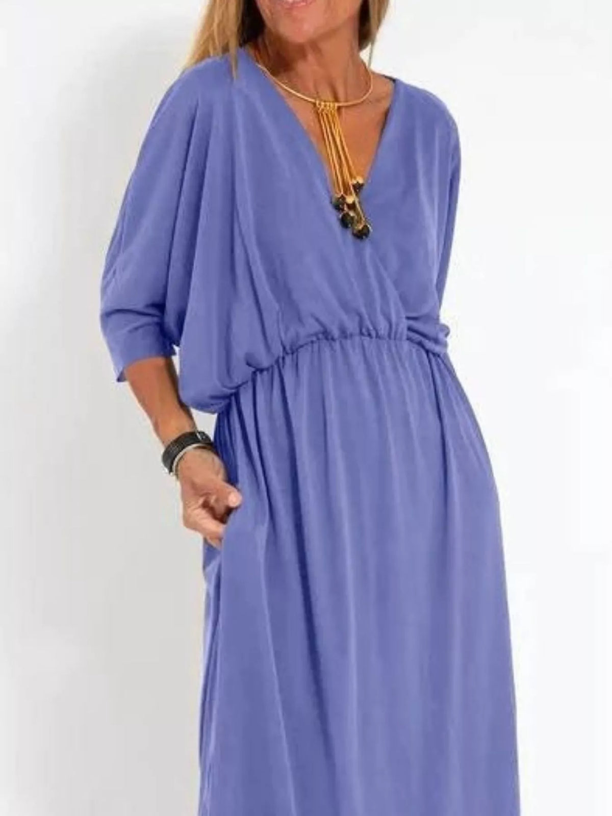V-Neck Batwing Sleeve Maxi Dress with Pockets