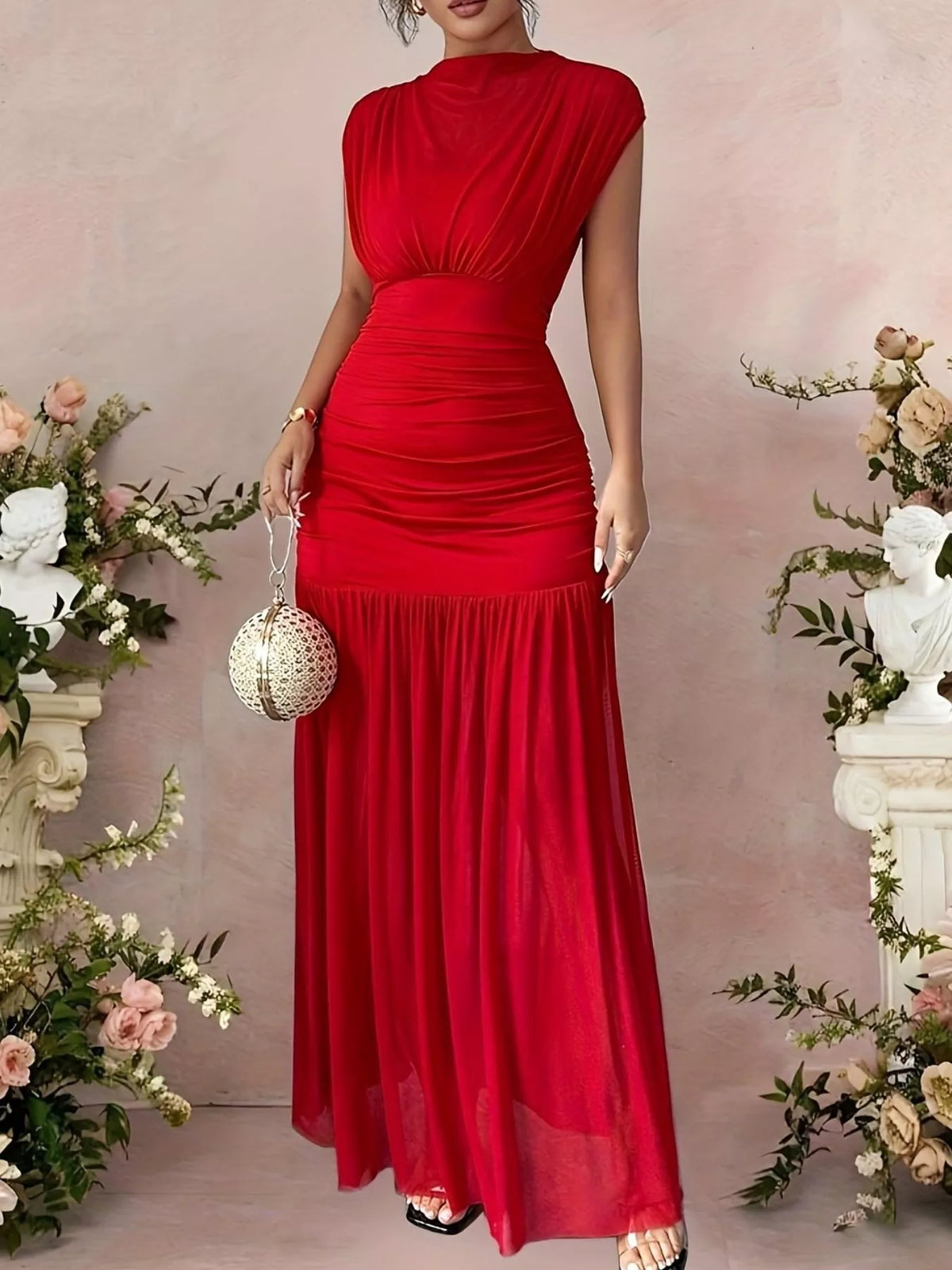 Ruched Cap Sleeve Maxi Dress in Red